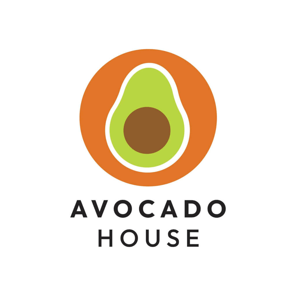 The logo for Avocado House, depicting a cut-open avocado in the middle of an orange circle.