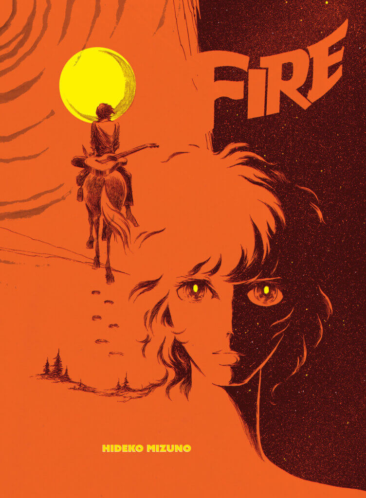 The red and black silhouette of a man. Behind him, we see him ride a horse towards the sun, with a guitar slung over his back.