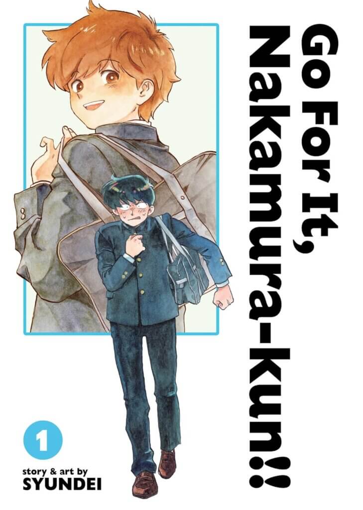 The cover of Go For It, Nakamura-kun!!, depicting a boy wearing a school uniform clutching his heart as he walks away from his crush in the background.
