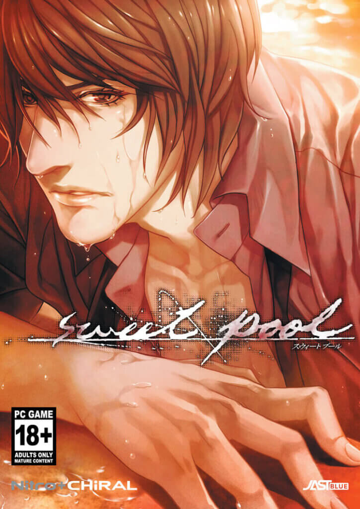 The cover of sweet pool. A man inside of a pool rests his arm on the edge. Water drips down his face.