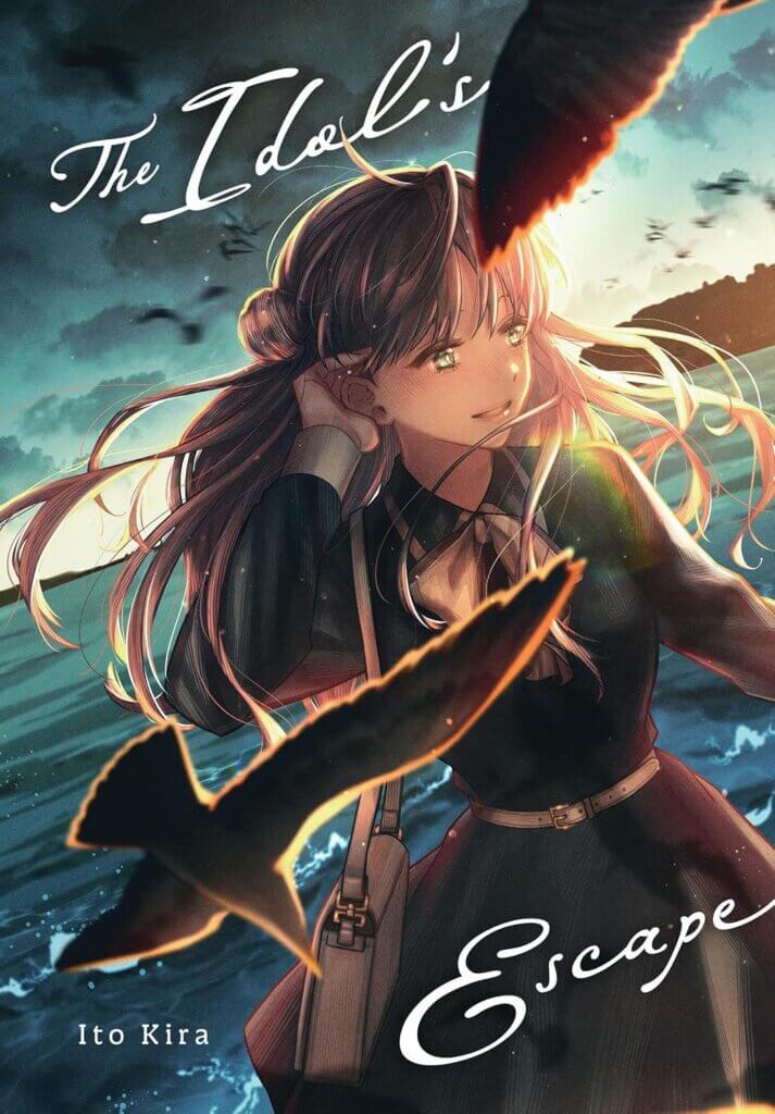 Cover Image for The Idol's Escape featuring a teenage girl looking happily behind her with an ocean background.