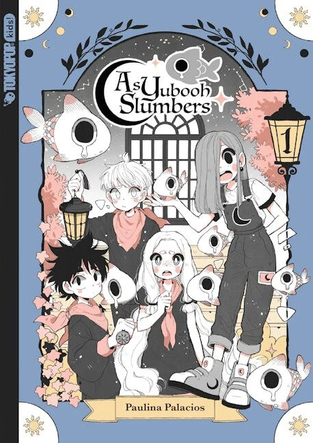 The cover of As Yuuboh Slumbers, Volume 1. Several children stand around, surrounded by white fish with large black eyes. One of the children is holding a lantern. A window can be seen behind them.