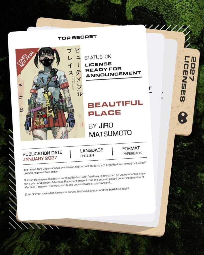 Kodama Tales’s promotion for Beautiful Place, featuring the publication date and synopsis written below. The cover features a high school girl with pigtails and tattoos; a gun is slung across her waist.