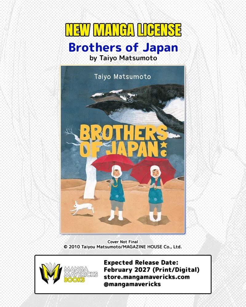 The cover of Brothers of Japan, featuring two boys standing in a desert while holding red umbrellas. A rabbit runs by to their left, while a leafless white tree grows behind them. A large black and white whale swims through the sky in the background.