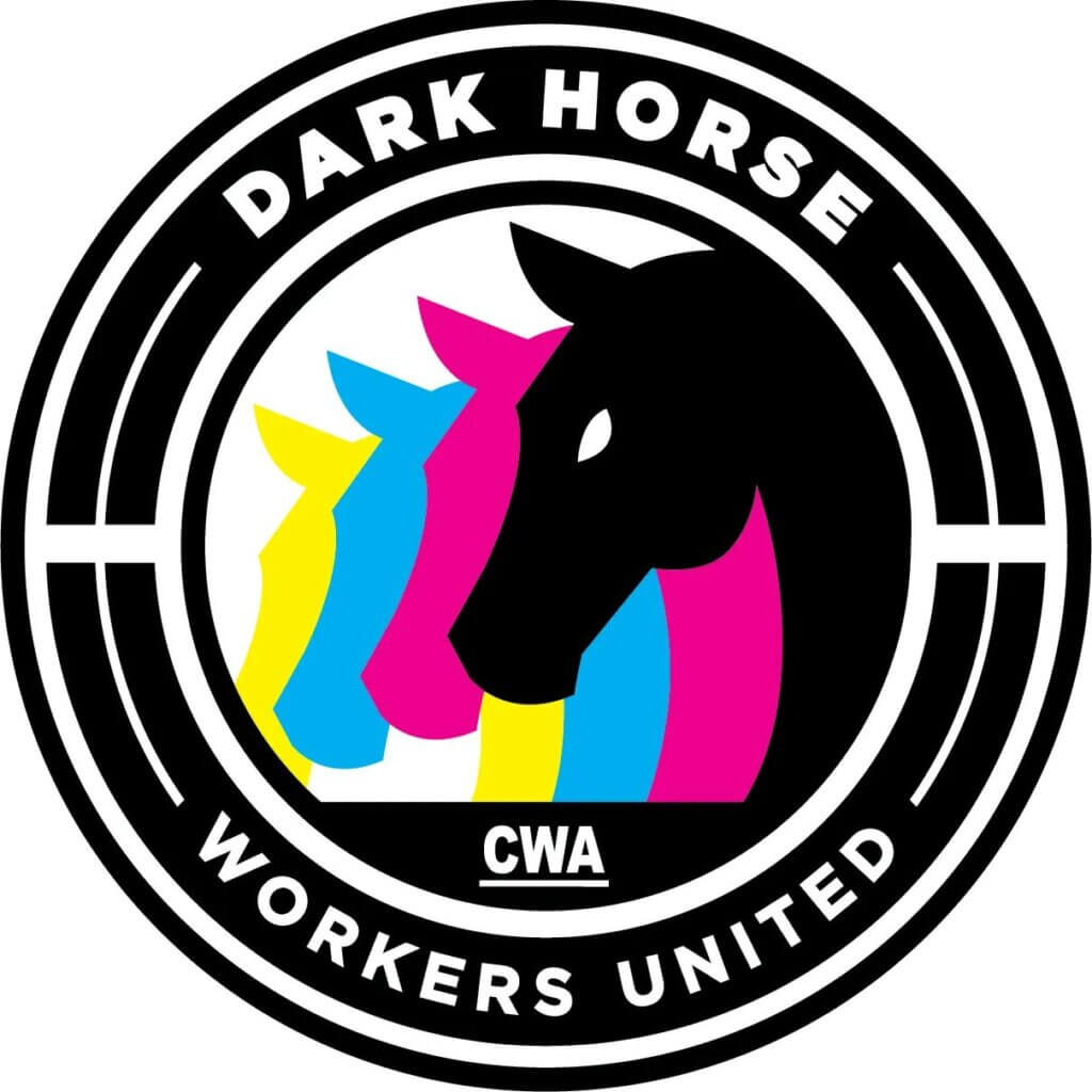 The Dark Horse Workers United logo, featuring a black horse with magenta, cyan and yellow shadows.