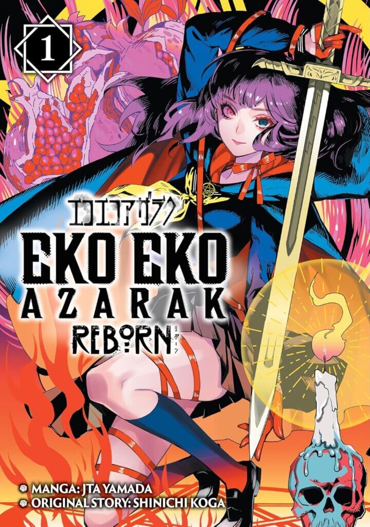 The cover of Eko Eko Azarak Reborn. A woman with purple hair wields a sword. A candle burns in the foreground, while pomegranates can be seen in the background.