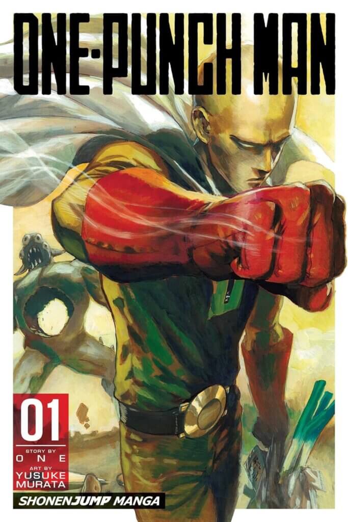 The cover of One Punch Man Volume 1, featuring a bald superhero wearing red gloves and a white cape. He swings his fist towards the reader.