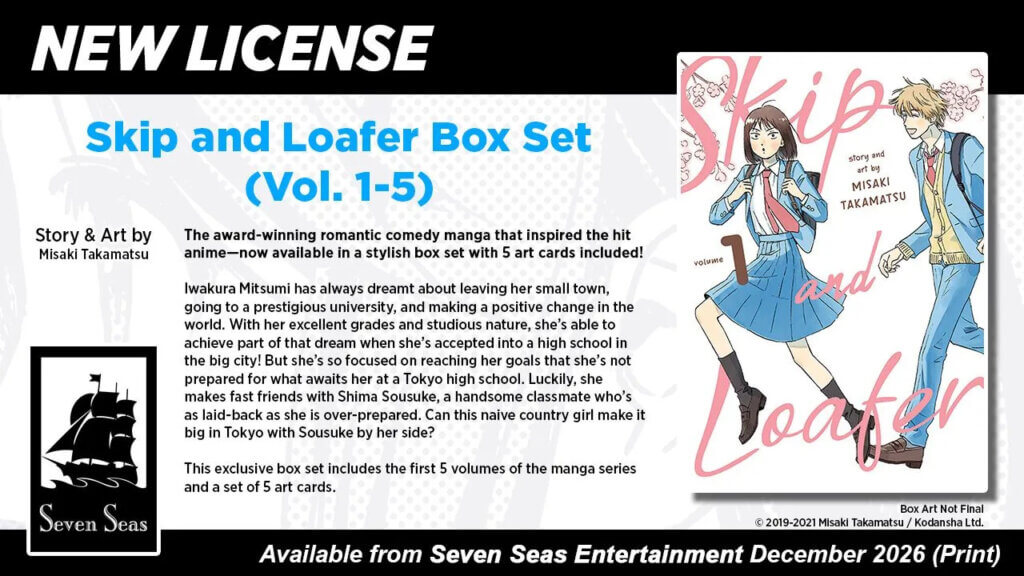 A picture from Seven Seas promoting the upcoming box set release of Skip and Loafer, including the below synopsis. The cover depicts a blonde high school boy following a skipping high school girl. Cherry blossoms bloom in the background.