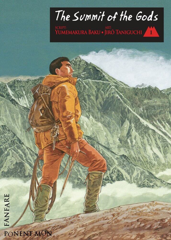 The cover of The Summit of the Gods, featuring a man wearing a brown backpack and orange hiking gear. Mountains tower in the background.