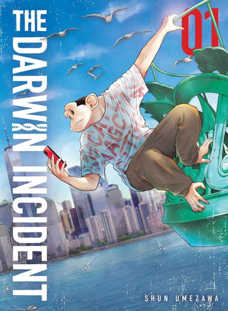 The cover of The Darwin Incident Volume 1. A human-like chimpanzee wearing a T-shirt and long pants reads a book while hanging from the Statue of Liberty. A city can be seen across the water in the background.