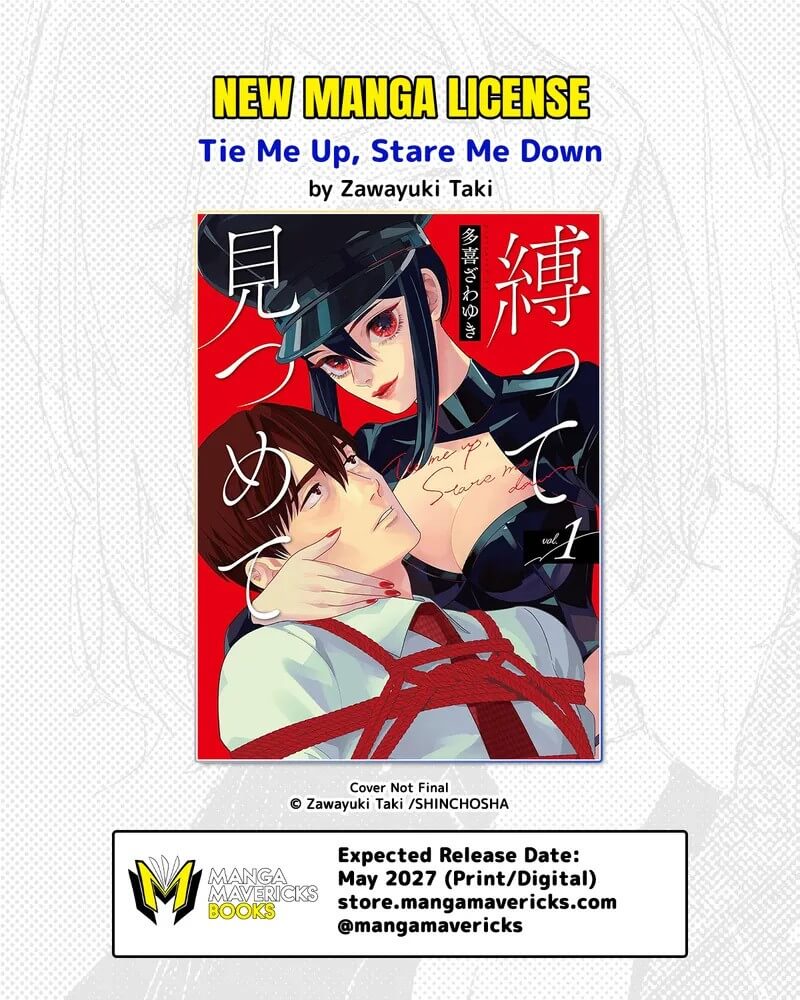The cover of Tie Me Up, Stare Me Down. A woman wearing black bondage gear holds a man tied up in red ropes. The man looks up at the woman adoringly.