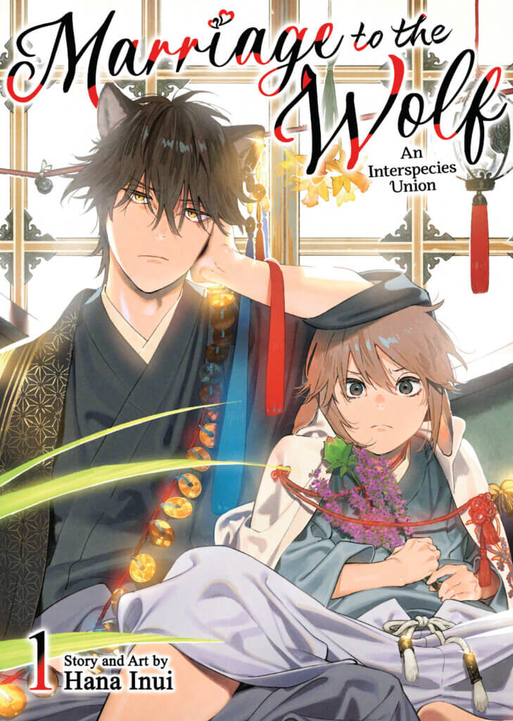 Alt Text: Two characters in elaborate traditional clothing sit together in a sunlit room. One has wolf ears, the other has floppy rabbit ears. Text reads "Marriage to the Wolf: An Interspecies Union" Story and Art by Hana Inui, 1.