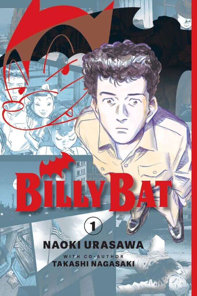 The cover of Billy Bat. A man stands on a collage of photographs including a dead man and an American flag. A bat-shaped shadow can be seen behind him.