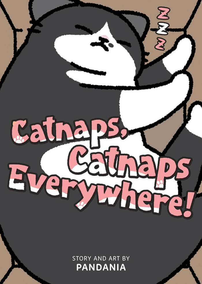 The cover of Catnaps, Catnaps Everywhere! with story and art by Pandania featuring Necchi, the creator’s tuxedo cat sleeping cutely in a cardboard box.