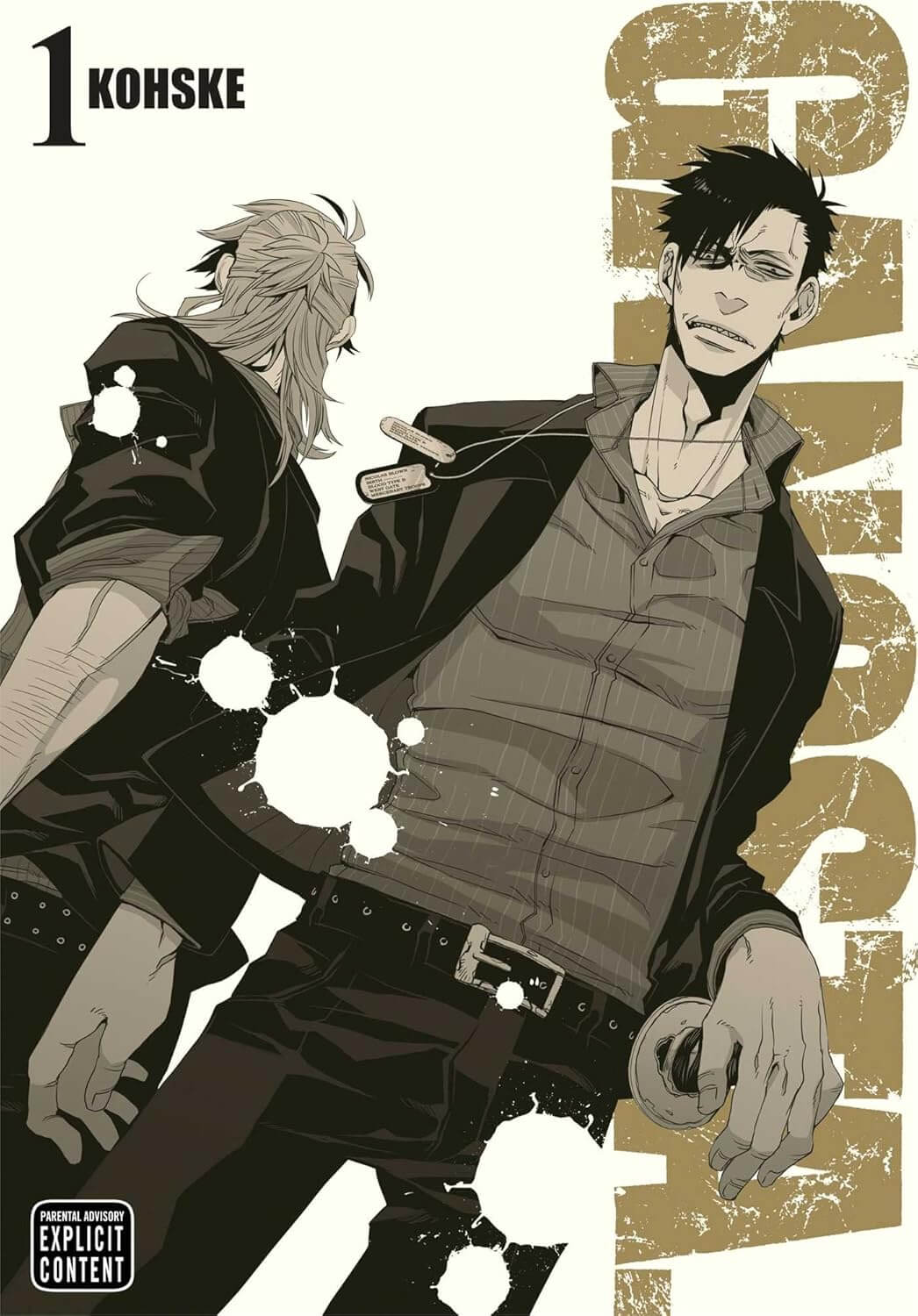 [ID: Two men stand next to each other, one facing the viewer and one looking away. The man facing the viewer has short black hair, is wearing dog tags around his neck, and carries a sword at his side. The man facing away has longer, light-colored hair. Both are wearing black jackets and trousers with gray collared shirts. White bullet holes with what look like blood splatters coming out of them dot the two men.] 