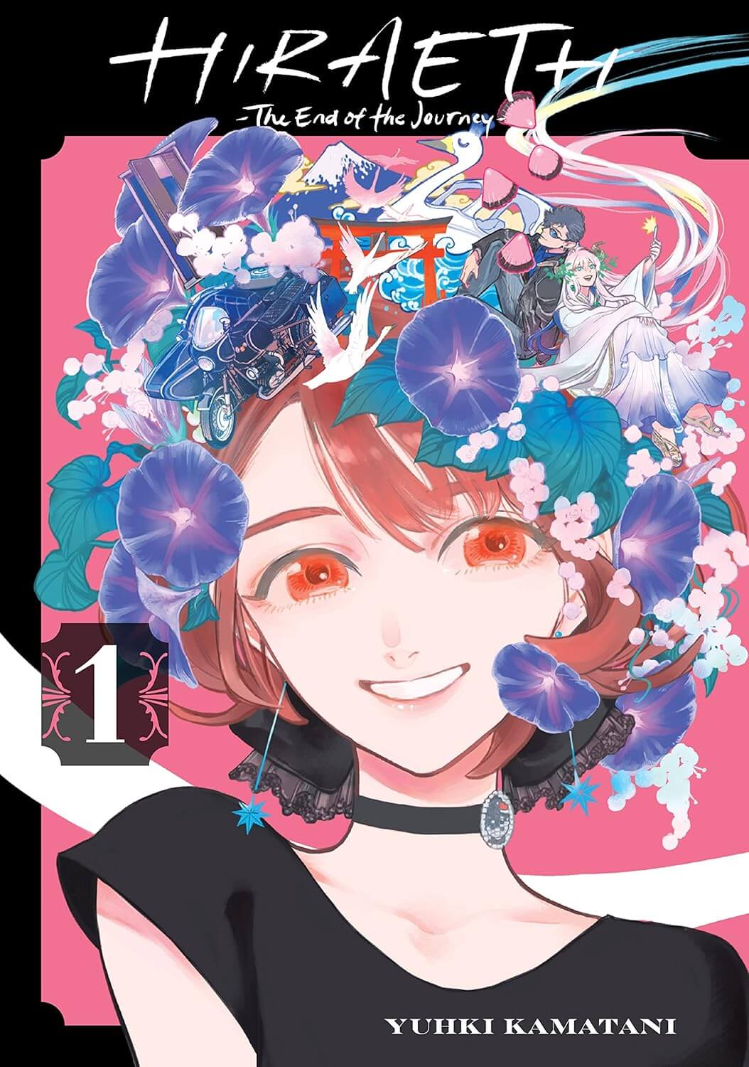 A girl with short brown hair smiles brightly at the viewer. She has a flower crown of morning glories and wisteria in her hair. The montage is also made up of japanese mountains, a 1930s Motorbike with a sidecar, a shrine gate, cranes, and two other smaller figures: a man in black leather and sunglasses back-to-back with a person in long white godly robes and long white hair.