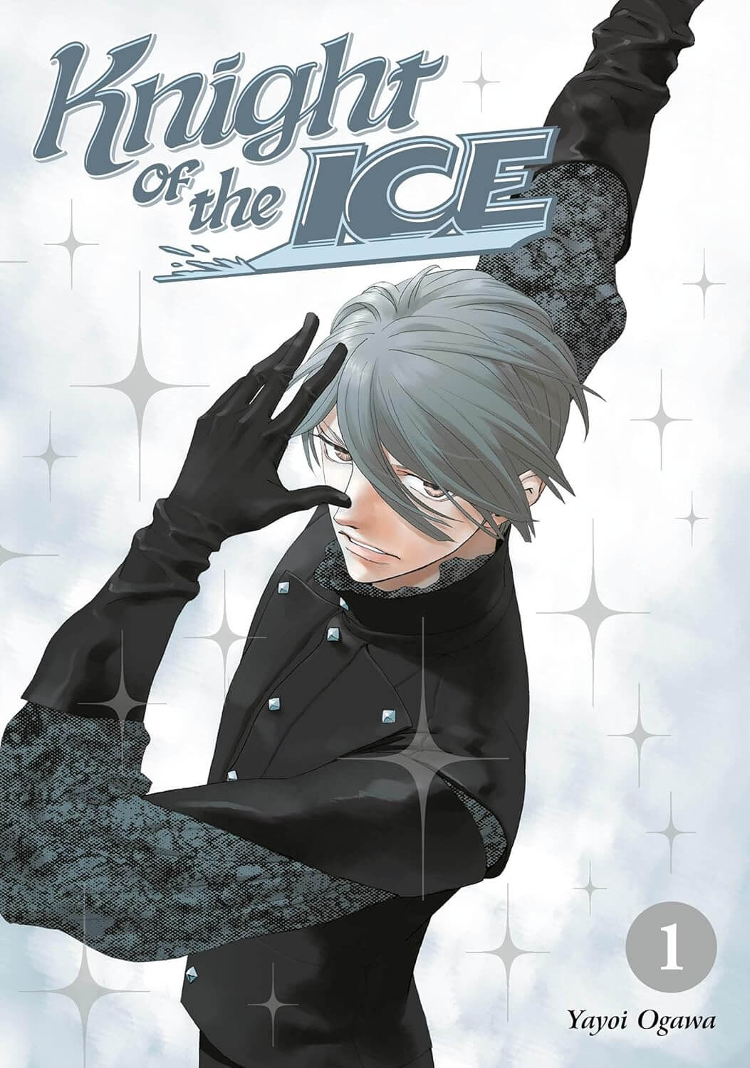 English cover of Knight of the Ice Vol 1: Kokoro, a man with gray hair, poses in a black ice skating outfit with lace sleeves and diamond buttons. There are sparkles behind him