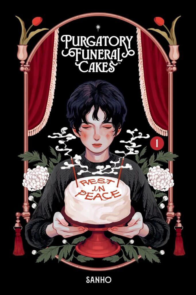 The cover of Purgatory Funeral Cakes, featuring a figure holding a cake between their hands. The cake reads, “Rest in Peace.” Red curtains and roses can be seen in the background.