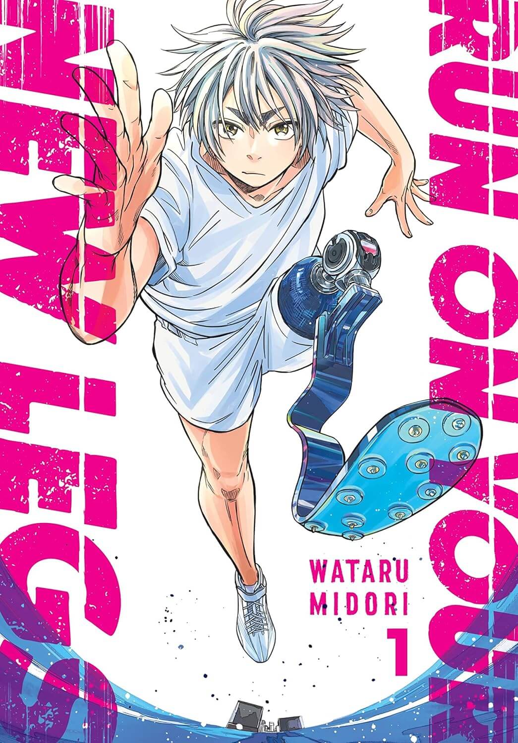 A teenager with white hair and a white PE uniform runs forward at full speed. He has a bright blue above-knee running blade.
