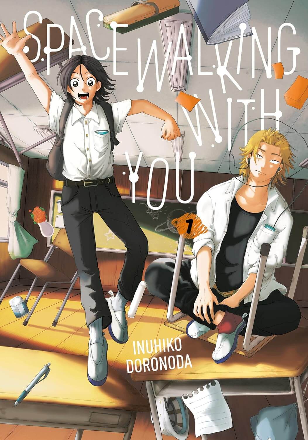 A nearly empty high school classroom. The furniture is starting to float away in zero gravity. A broad shouldered, long-haired blonde teenager sits cross-legged on an upturned desk with a bored expression on his face. He is wearing in-ear wired headphones. Next to him is another teenage boy, slimmer and shorter with short black hair. He is leaping excitedly over the desks and reaching into the air.