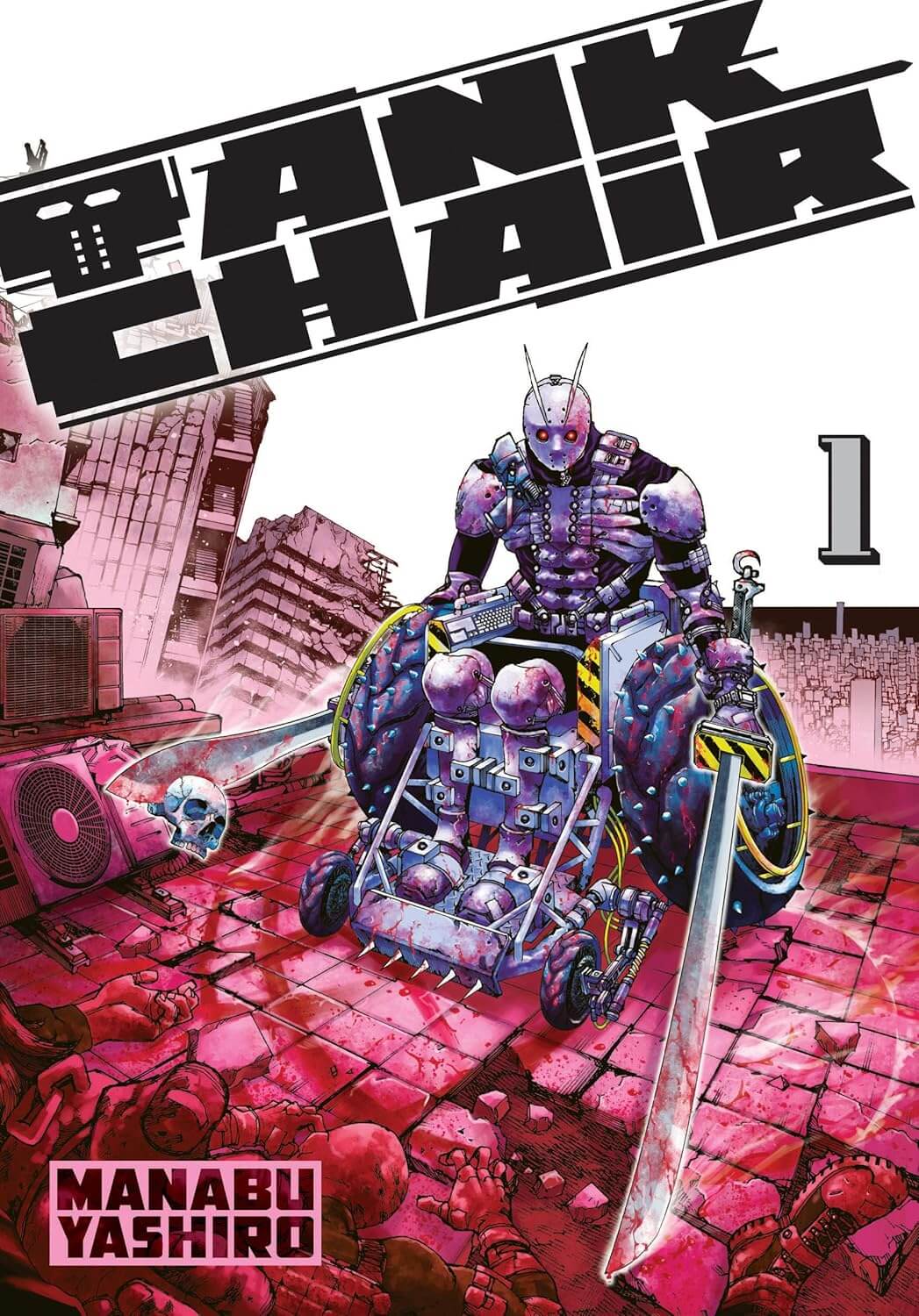 A man in a steel wheelchair with monster truck tires covered in spikes holds two giant swords covered in blood. One sword has a skeleton stuck to the blade after being stabbed at. There are several bodies just off to the side. The man is wearing armor that looks like a skeleton and has a helmet that makes him look like the horror movie antagonist Jason.