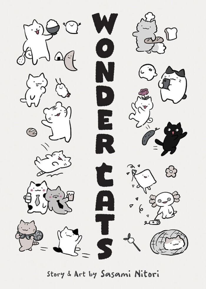 The cover of Wonder Cats with Story & Art by Sasami Nitori features a collage of cats, as well as other animals like a dog, axolotl, tiger, stingray, and plankton.