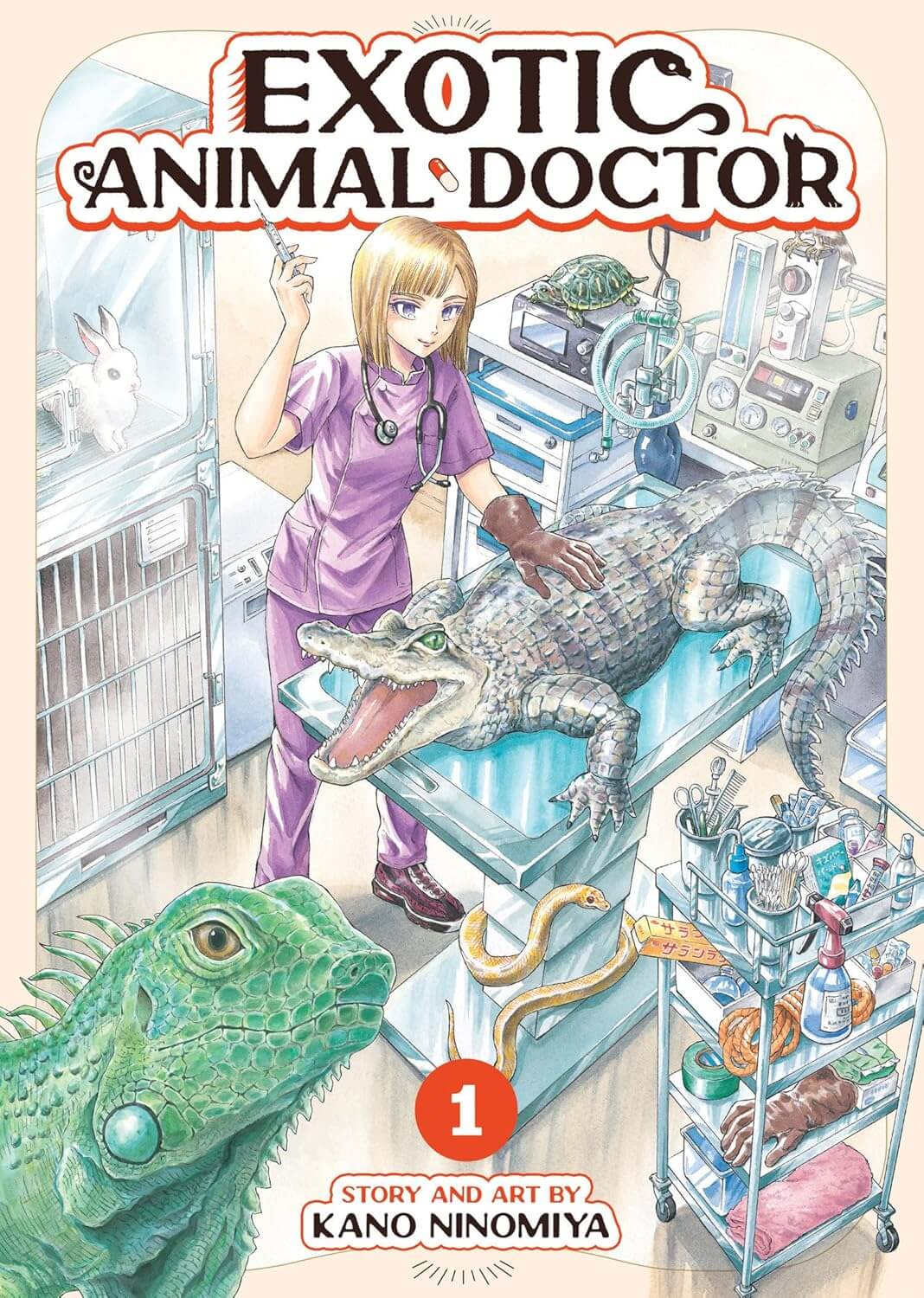 A short haired blonde woman wearing purple veterinary scrubs uses one leather gloved hand to hold down a large angry crocodile on an examination table. She prepares an injection with the other. Around her are various other veterinary equipment and animals. There is a yellow python, a green iguana, a white rabbit, and a terrapin