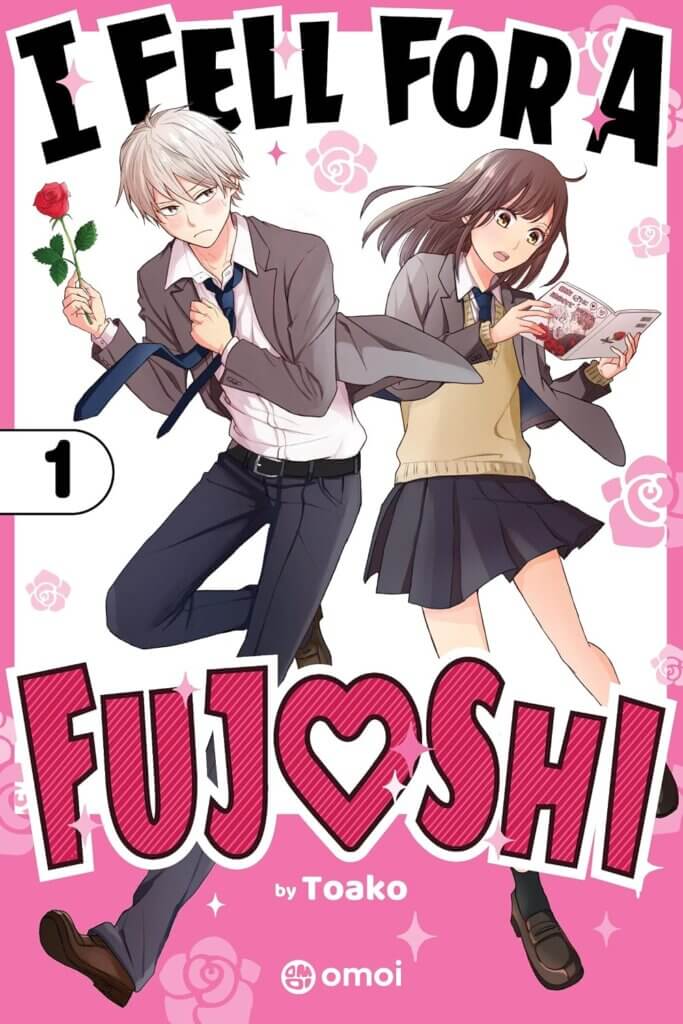 Cover art for I Fell for a Fujoshi volume 1 featuring the main characters, Ichi blushing and holding a rose while looking at his crush Tae reading a BL comic, against a pink and white background.
