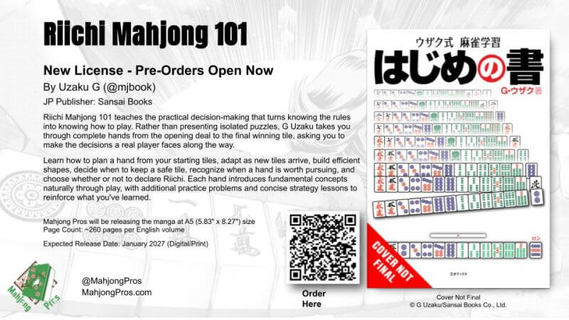 The cover of Riichi Mahjong 101, depicting several hands of mahjong.