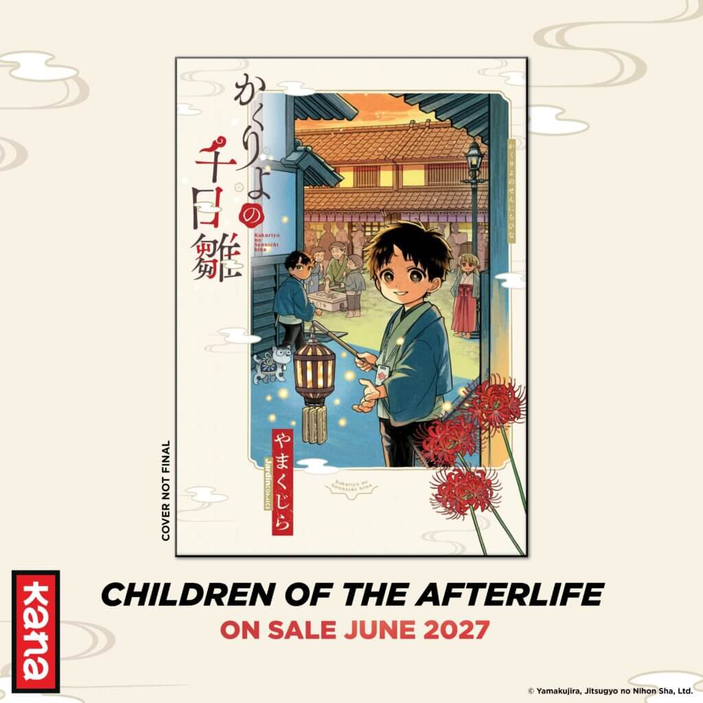 The cover of Children of the Afterlife, depicting a young horned boy holding a lantern. Various other people are standing or sitting behind him in town. Red flowers can be seen growing from the lower-right corner.