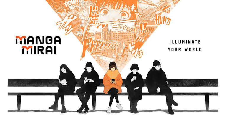 Five people sit on a black bench. The one in the middle is wearing orange, while the rest wear black. Orange manga panels can be seen behind them. The text reads, “Manga Mirai: Illuminate your world.”