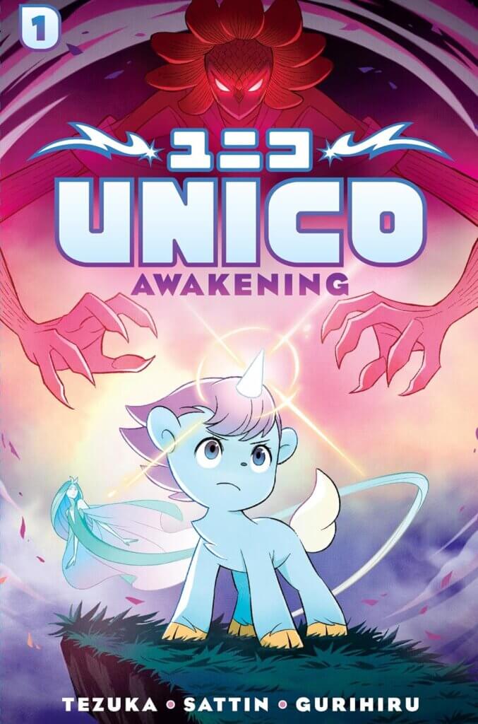 The cover of UNICO AWAKENING, depicting Unico (a small, unicorn-like creature) standing on a hillside. Behind him can be seen a light blue spirit as well as a red, large and intimidating red spirit.
