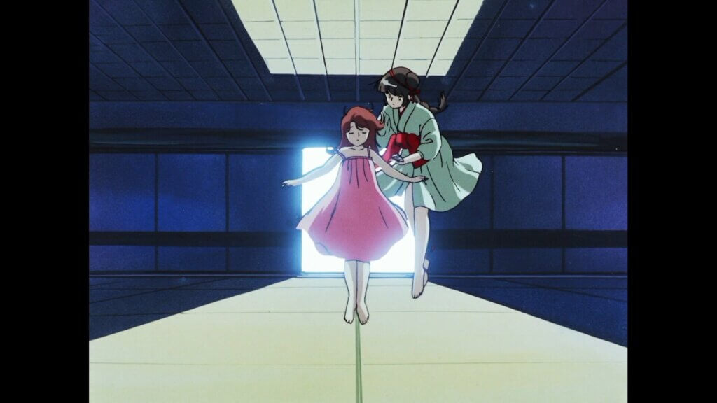 Miyu in traditional Japanese attire and a young girl in a pink nightgown float in an empty house, silhouetted by bright light from an open door.