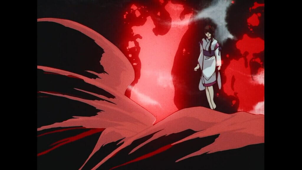 Miyu casting a fire spell at a cloaked figure, the fire extremely bright and casting dark shadows across the scene.