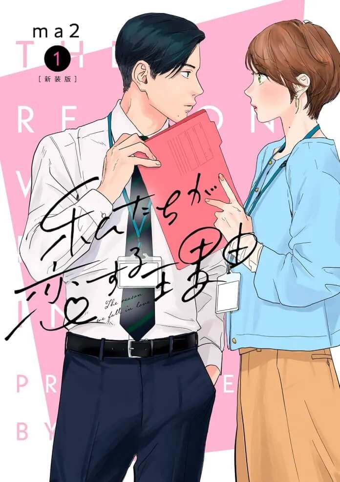 The cover of Why We Fall in Love. A man holds a woman’s red folder. Both are wearing appropriate office clothing.