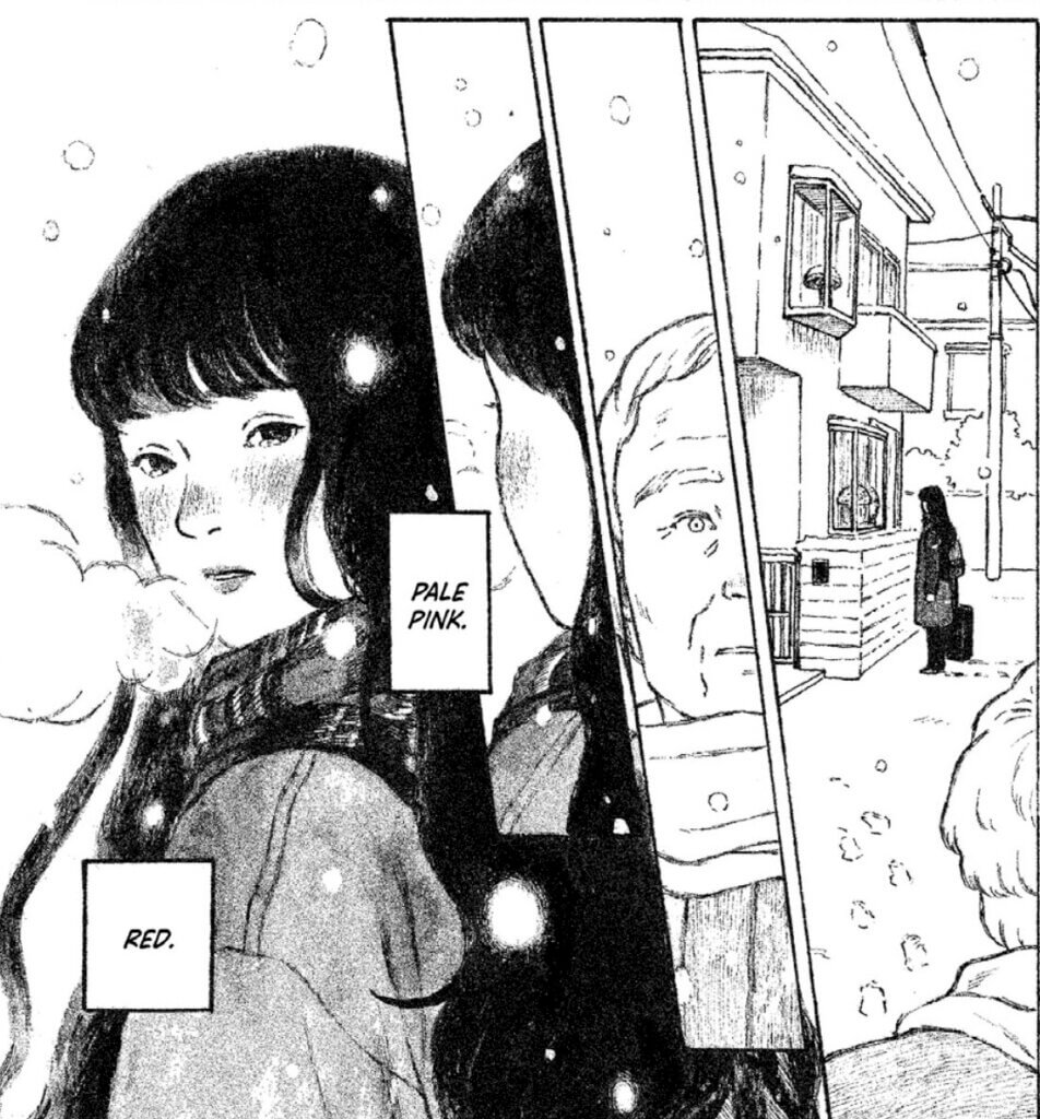 An older man sees a young woman standing in the snow. His thoughts are, “Pale pink. Red.”