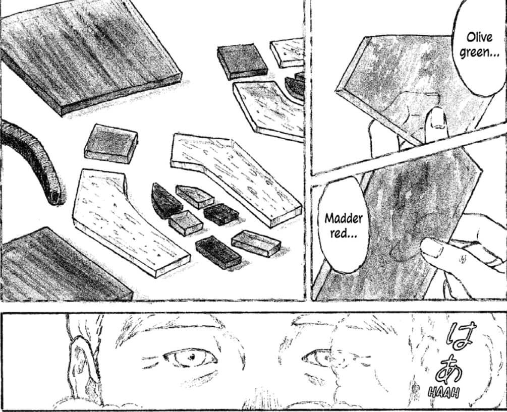 An older man picks up various pieces of glass. He thinks, “Olive green…madder red…” We see his eyes as he exhales.