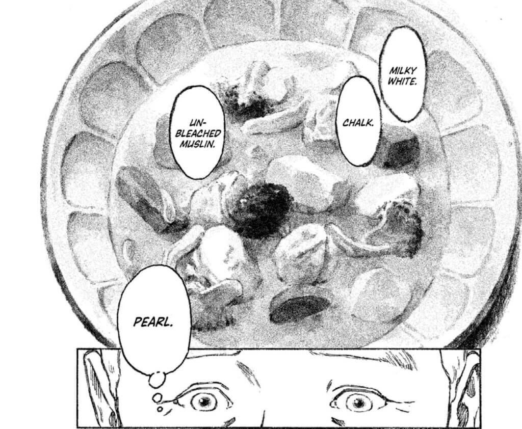 An older man looks at a plate of cream stew. He thinks, “Milky white. Chalk. Unbleached muslin. Pearl.”