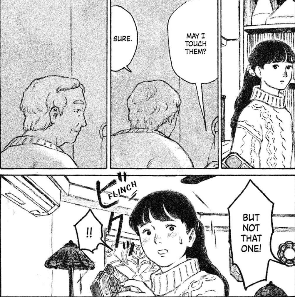 A young woman asks an older man, “May I touch them?” The older man says, “Sure…but not that one!” The woman flinches away from the lamp she was about to switch on.