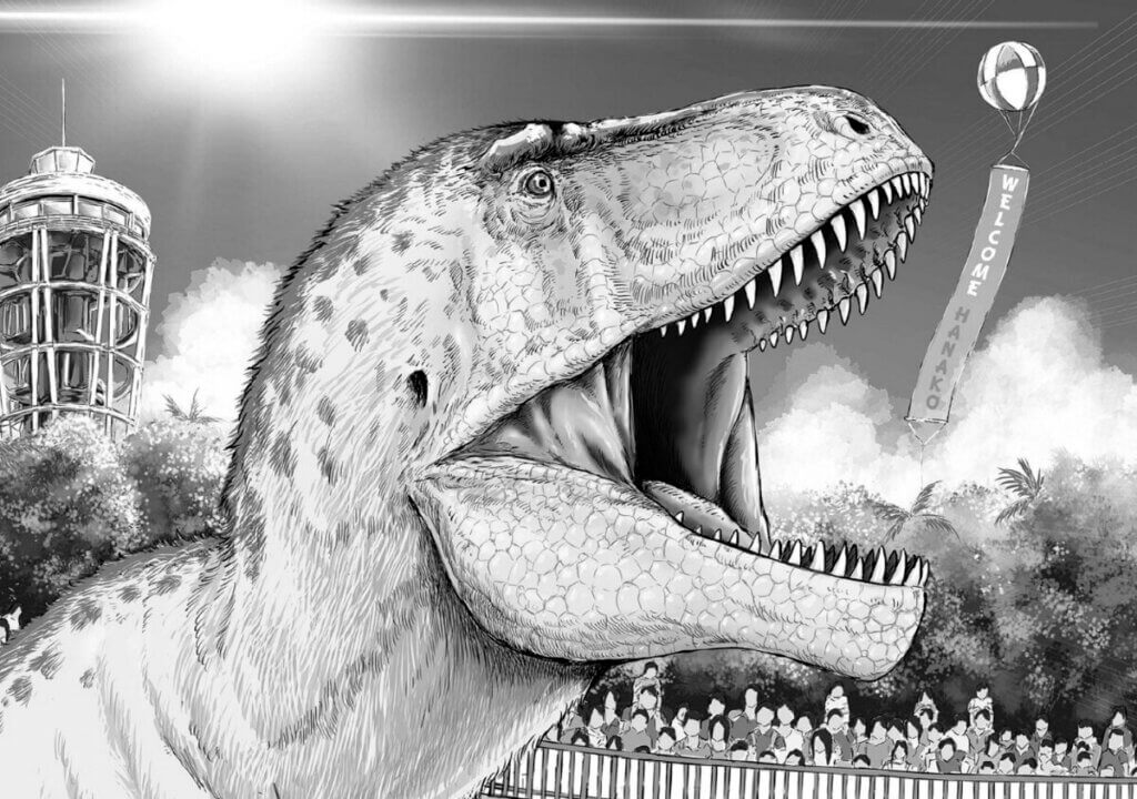 An image from Dinosaur Sanctuary. A giganotosaurus opens its mouth while the crowd watches from behind a fence. A balloon flies in the upper right corner with the message, “Welcome Hanako.”