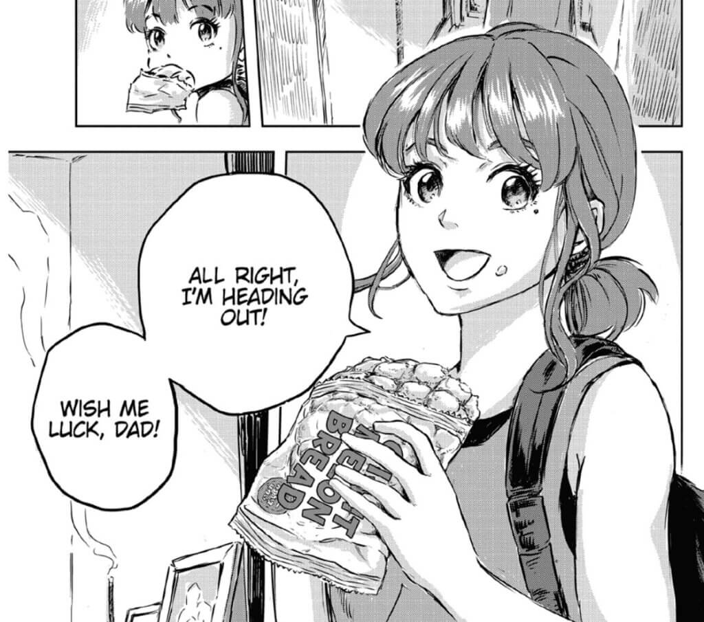 An image from Dinosaur Sanctuary. A woman with her hair in a ponytail says, “All right, I’m heading out! Wish me luck, Dad!” She is holding “Giant Melon Bread” in her hand.