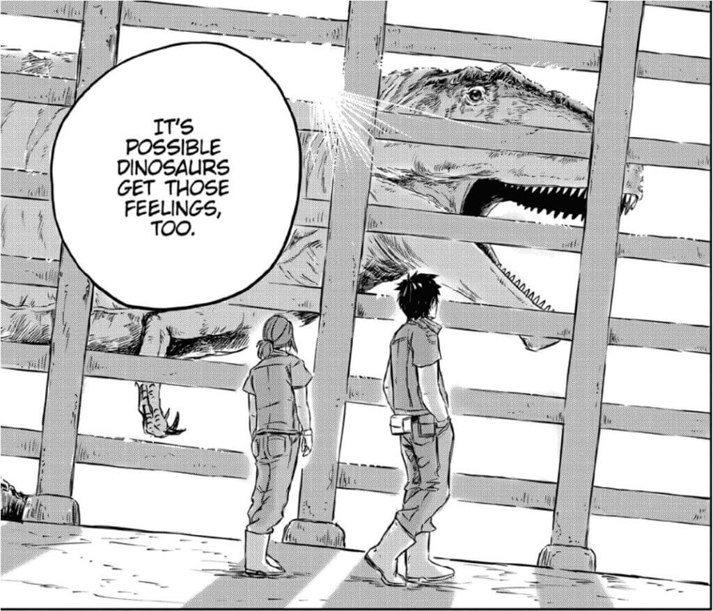 A woman and a man wearing zookeeper gear look at a giganotosaurus through fencing. A speech bubble reads, “It’s possible dinosaurs get those feelings, too.”