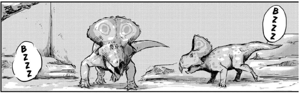 Two triceratops wander their zoo enclosure. The buzzing of insects can be heard in the background.