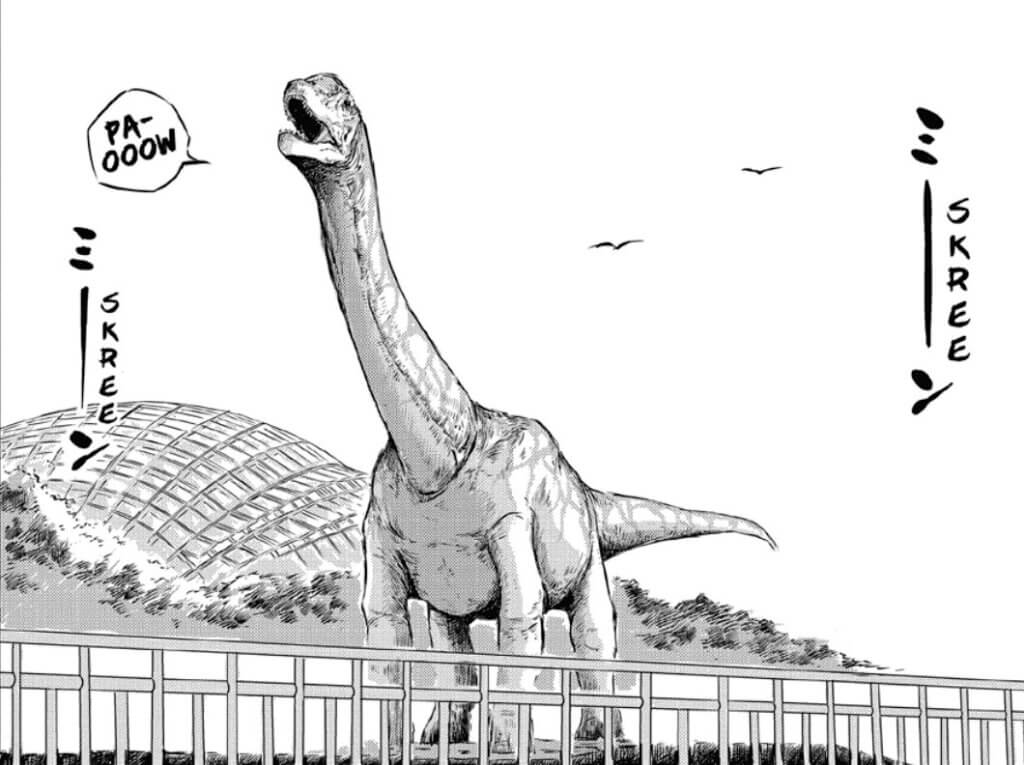 A large dinosaur with a long neck says, “PA-OOOW.” The crying of birds can be heard in the background.