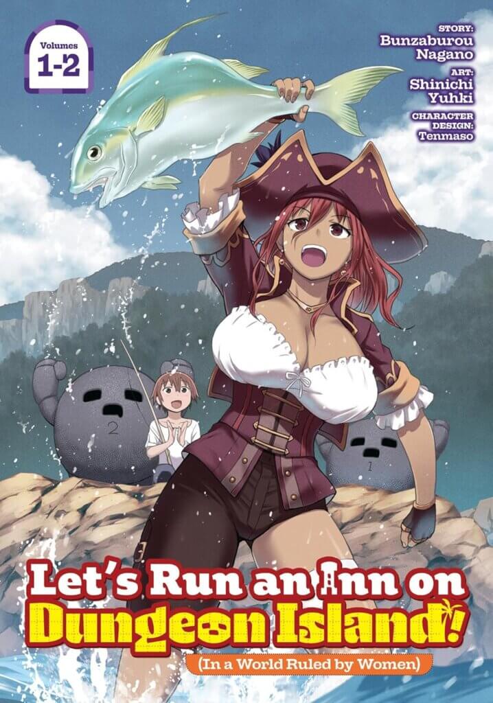 A well endowed woman in a pirate outfit catches a fish with her bare hands, holding it triumphantly over her head as a small skinny man and two golems celebrate behind her.