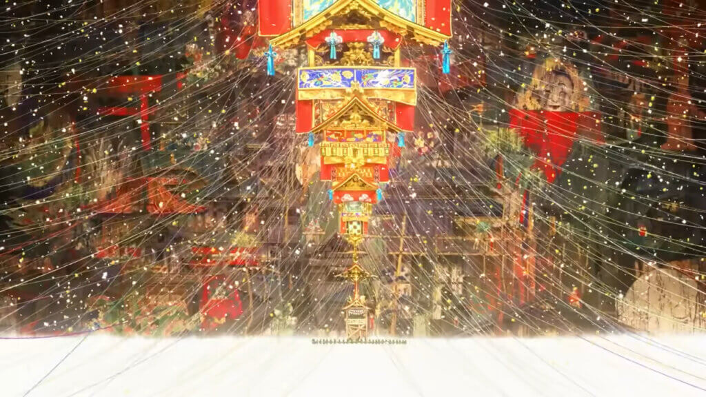 A vision of a future Kyoto, festooned with long threads and shrouded by falling confetti.