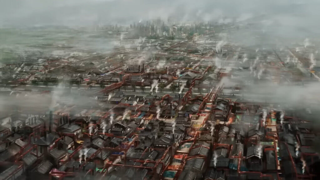 A shot of Kyoto from the air. It is shrouded in smoke.