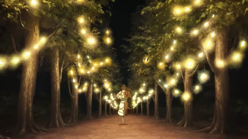A man holds a boy in his arms while running down a pathway flanked by trees lit by electric lightbulbs.