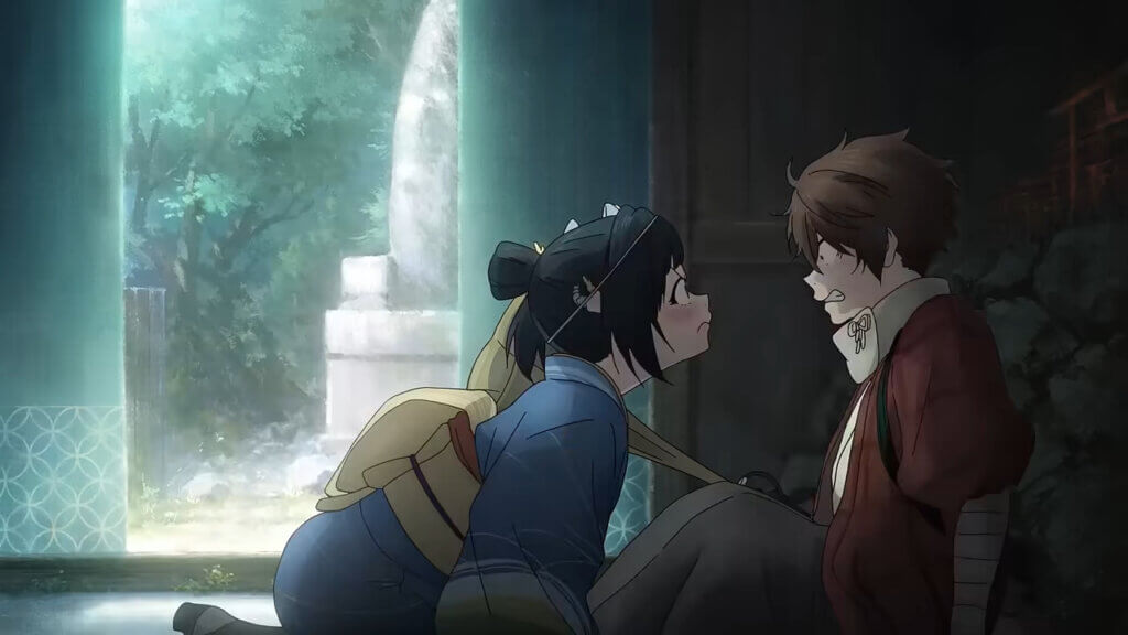 Inako puts her nose right up in Kihachi’s face. A tree and a stone monument can be seen nearby.