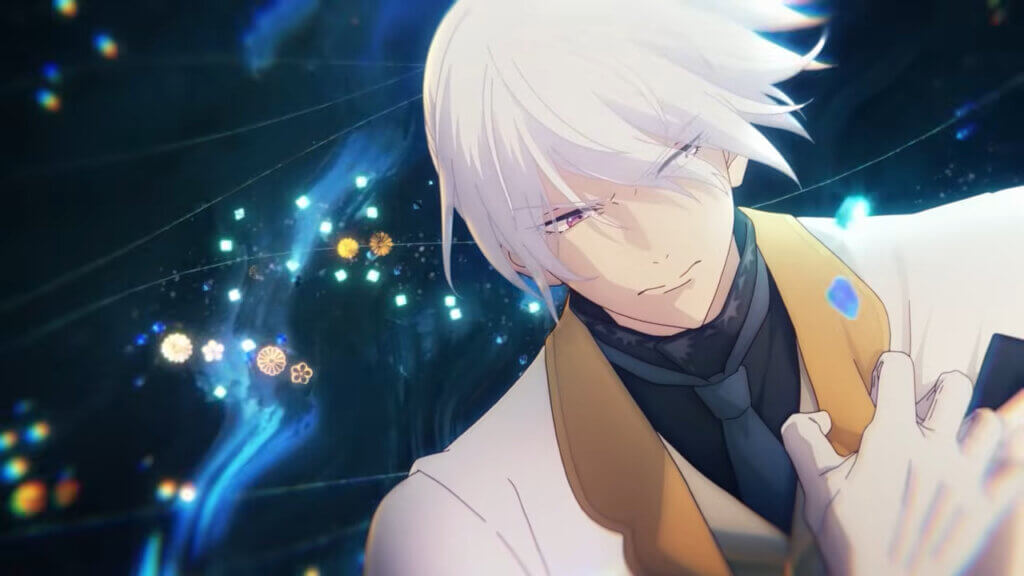 Yosuke clutches his heart while bright lights fly past him. He has a pained, determined expression on his face.